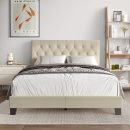 Simple Button Tufted Linen Upholstered Bed Beige – Twin