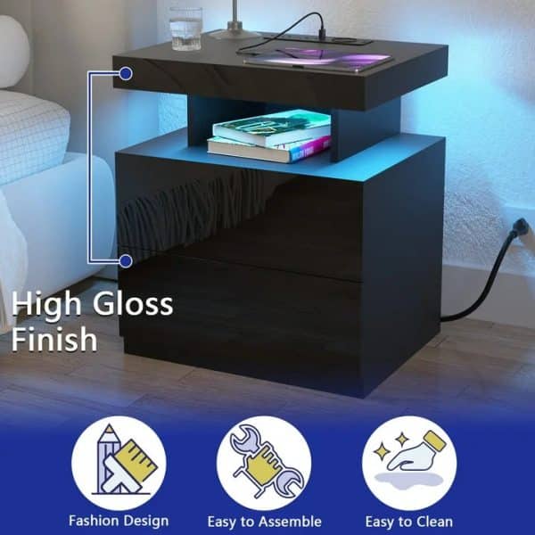 Hommpa LED Nightstand with Wireless Charging Station, Black - Image 7