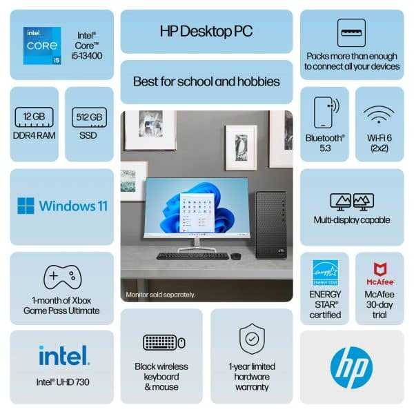 HP Windows Desktop Intel Core i5-13400 12GB RAM 512GB SSD, Dark Black - Image 3