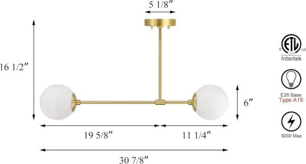 Semi Flush Mount Ceiling Light, 2 Light Globe, Satin Brass - Image 5