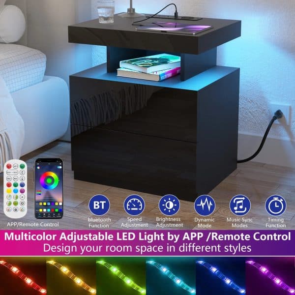 Hommpa LED Nightstand with Wireless Charging Station, Black - Image 4