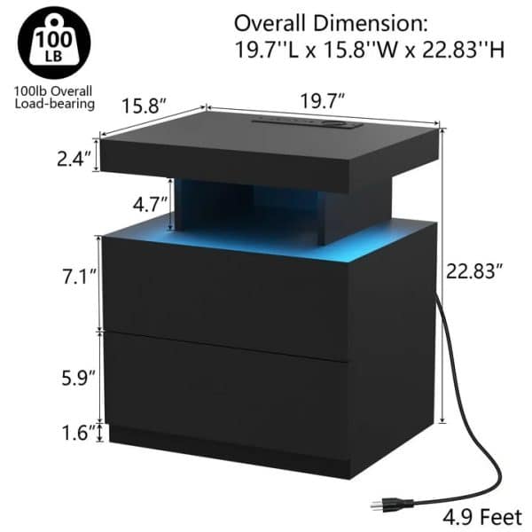 Hommpa LED Nightstand with Wireless Charging Station, Black - Image 9